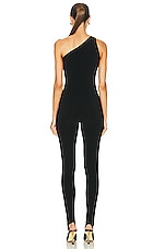 Norma Kamali One Shoulder Footie Catsuit in Black, view 4, click to view large image.