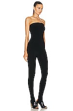 Norma Kamali Strapless Catsuit W/ Footie in Black, view 2, click to view large image.