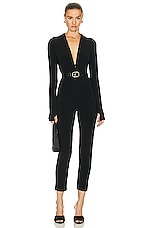 Norma Kamali Long Sleeve Turtleneck Skull Cap Catsuit in Black, view 1, click to view large image.