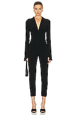 Norma Kamali Long Sleeve Turtleneck Skull Cap Catsuit in Black, view 2, click to view large image.