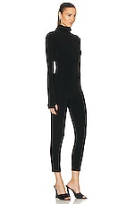 Norma Kamali Long Sleeve Turtleneck Skull Cap Catsuit in Black, view 3, click to view large image.