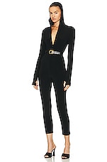 Norma Kamali Long Sleeve Turtleneck Skull Cap Catsuit in Black, view 5, click to view large image.