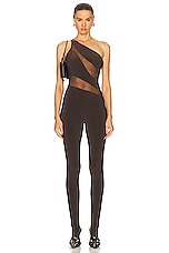 Norma Kamali Snake Mesh Catsuit in Chocolate & Chocolate Mesh, view 1, click to view large image.