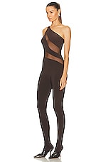 Norma Kamali Snake Mesh Catsuit in Chocolate & Chocolate Mesh, view 3, click to view large image.