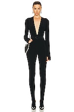 Norma Kamali Long Sleeve Deep V Neck Catsuit in Black, view 1, click to view large image.