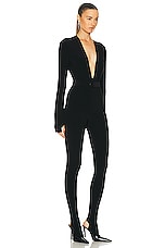 Norma Kamali Long Sleeve Deep V Neck Catsuit in Black, view 2, click to view large image.