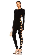 Norma Kamali Long Sleeve Crew Neck Alligator Catsuit in Black, view 1, click to view large image.