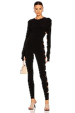 Norma Kamali Long Sleeve Crew Neck Alligator Catsuit in Black, view 2, click to view large image.