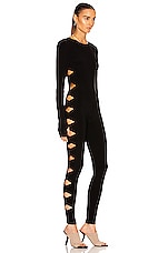 Norma Kamali Long Sleeve Crew Neck Alligator Catsuit in Black, view 3, click to view large image.