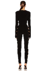 Norma Kamali Long Sleeve Crew Neck Alligator Catsuit in Black, view 4, click to view large image.