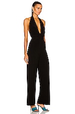 Norma Kamali Halter Wrap Straight Leg Jumpsuit in Black, view 2, click to view large image.