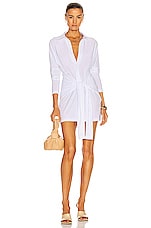 Norma Kamali Mini Tie Front NK Shirt Dress in White, view 1, click to view large image.