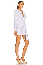 Norma Kamali Mini Tie Front NK Shirt Dress in White, view 2, click to view large image.
