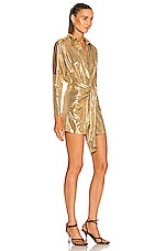 Norma Kamali Tie Front NK Shirt Mini Dress in Gold, view 2, click to view large image.