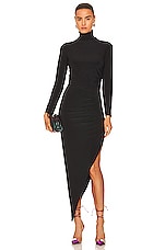 Norma Kamali Long Sleeve Turtleneck Side Drape Gown in Black, view 1, click to view large image.
