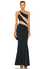 Norma Kamali Snake Mesh Fishtail Gown in Black & Nude Mesh, view 1, click to view large image.