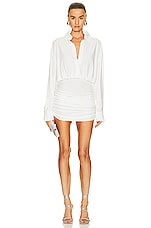 Norma Kamali Oversized Shirt Shirred Bottom Mini Dress in Snow White, view 1, click to view large image.