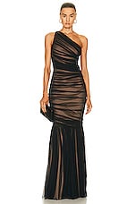Norma Kamali Diana Fishtail Gown in Black Mesh & Nude, view 1, click to view large image.