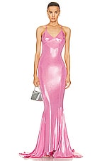 Norma Kamali Low Back Slip Mermaid Fishtail Gown in Candy Pink, view 1, click to view large image.