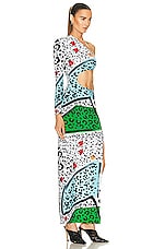 Norma Kamali One Sleeve Shane Wide Slit Gown in Animal Patch, view 2, click to view large image.