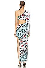 Norma Kamali One Sleeve Shane Wide Slit Gown in Animal Patch, view 4, click to view large image.