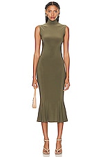 Norma Kamali Sleeveless Turtleneck Fishtail Dress in Military, view 1, click to view large image.