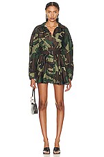 Norma Kamali Super Oversized Shirt Flared Mini Dress in Camo, view 1, click to view large image.