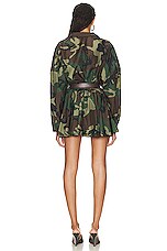 Norma Kamali Super Oversized Shirt Flared Mini Dress in Camo, view 3, click to view large image.