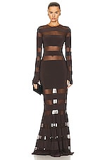 Norma Kamali Spliced Dress Fishtail Gown in Chocolate & Chocolate Mesh, view 1, click to view large image.