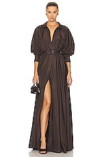 Norma Kamali Super Oversized Boyfriend Shirt Flared Gown in Chocolate, view 1, click to view large image.