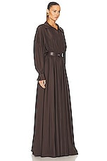 Norma Kamali Super Oversized Boyfriend Shirt Flared Gown in Chocolate, view 2, click to view large image.