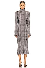 Norma Kamali Long Sleeve Turtleneck Fishtail Dress in Chocolate Glenn Plaid Tweed, view 1, click to view large image.