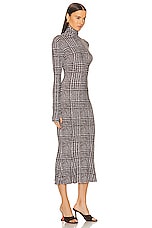 Norma Kamali Long Sleeve Turtleneck Fishtail Dress in Chocolate Glenn Plaid Tweed, view 2, click to view large image.