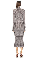 Norma Kamali Long Sleeve Turtleneck Fishtail Dress in Chocolate Glenn Plaid Tweed, view 3, click to view large image.