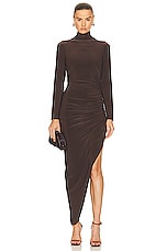 Norma Kamali Long Sleeve Turtleneck Side Drape Gown in Chocolate, view 1, click to view large image.