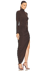 Norma Kamali Long Sleeve Turtleneck Side Drape Gown in Chocolate, view 2, click to view large image.