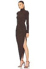 Norma Kamali Long Sleeve Turtleneck Side Drape Gown in Chocolate, view 3, click to view large image.