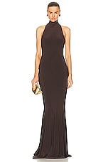 Norma Kamali Halter Turtleneck Fishtail Gown in Chocolate, view 1, click to view large image.