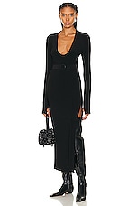 Norma Kamali Long Sleeve Deep U Neck Side Slit Gown in Black, view 1, click to view large image.