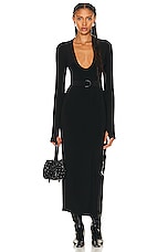 Norma Kamali Long Sleeve Deep U Neck Side Slit Gown in Black, view 2, click to view large image.
