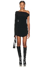 Norma Kamali One Sleeve Drop Shoulder Side Drape Mini Dress in Black, view 1, click to view large image.