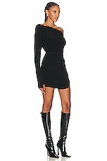 Norma Kamali One Sleeve Drop Shoulder Side Drape Mini Dress in Black, view 2, click to view large image.