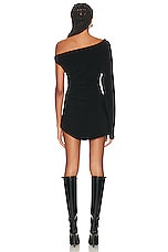 Norma Kamali One Sleeve Drop Shoulder Side Drape Mini Dress in Black, view 4, click to view large image.