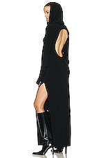 Norma Kamali Hooded Open Back Long Sleeve Side Slit Gown in Black, view 1, click to view large image.