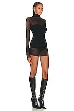Norma Kamali Long Sleeve Turtleneck Pickleball Dress in Black & Black Mesh, view 2, click to view large image.