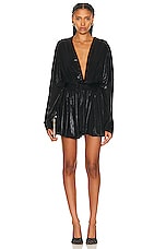 Norma Kamali Hooded Super Oversized Boyfriend Shirt Flared Mini Dress in Black, view 1, click to view large image.