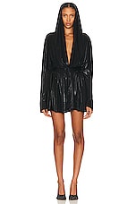 Norma Kamali Hooded Super Oversized Boyfriend Shirt Flared Mini Dress in Black, view 2, click to view large image.
