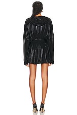 Norma Kamali Hooded Super Oversized Boyfriend Shirt Flared Mini Dress in Black, view 4, click to view large image.