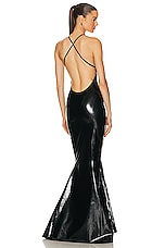 Norma Kamali Low Back Slip Fishtail Gown in Black, view 1, click to view large image.