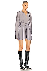 Norma Kamali Super Oversized Boyfriend Shirt Flared Mini Dress in Grey, view 3, click to view large image.